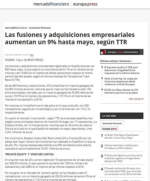 Las fusiones y adquisiciones empresariales aumentan un 9% hasta mayo, segn TTR